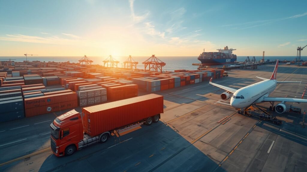 haz una imagen que se vea un barco de contenedores, un plantel de contenedores, un avion de carga de contenedores y un trailes que lleva un contenedor (1)