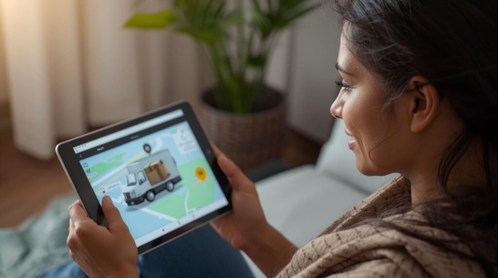 haz una imagen realista de una persona viendo el avance de su paquete por medio de internet en donde se vea como una caja en la pantalla y un camion